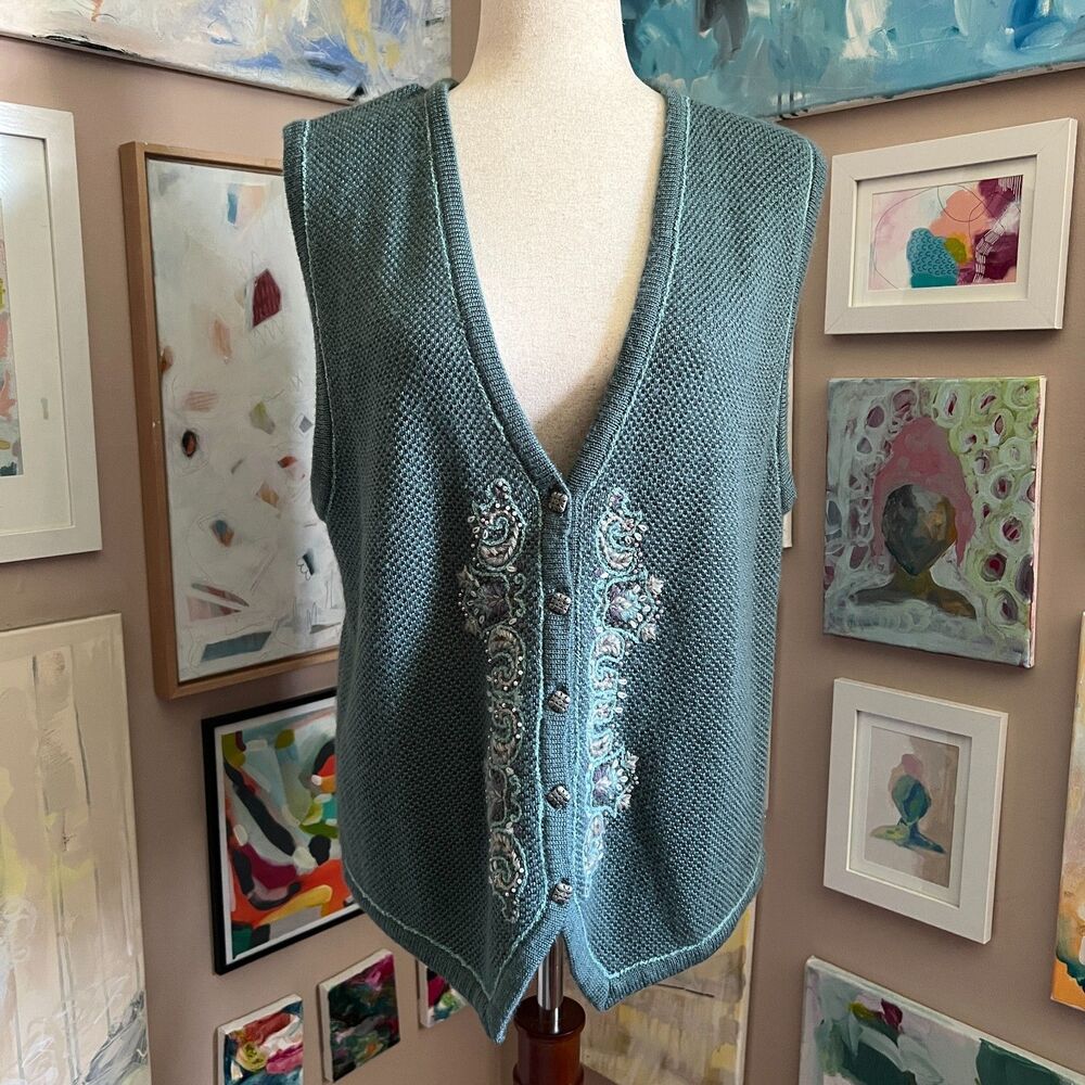 VTG Koret Teal Knit Sweater Vest‎ Embroidered Wool Blend Cottagecore Boho Size S